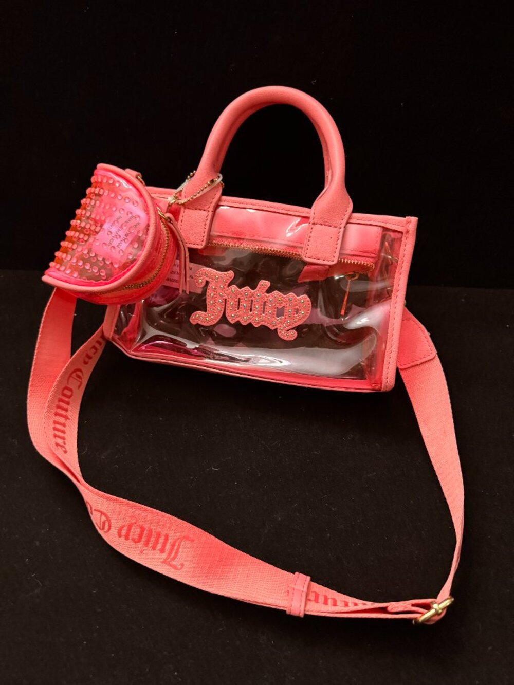 Juicy Couture Clear Pink Jelly Satchel Crossbody Bag with Rhinestone Coin Purse